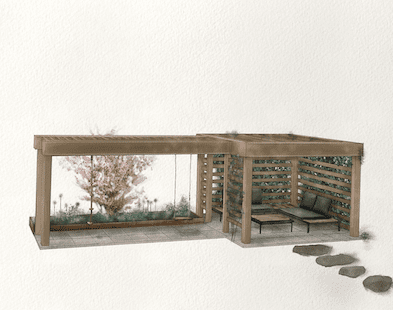 Illustration över en pergolagång och pergola med gunga och klätterrep