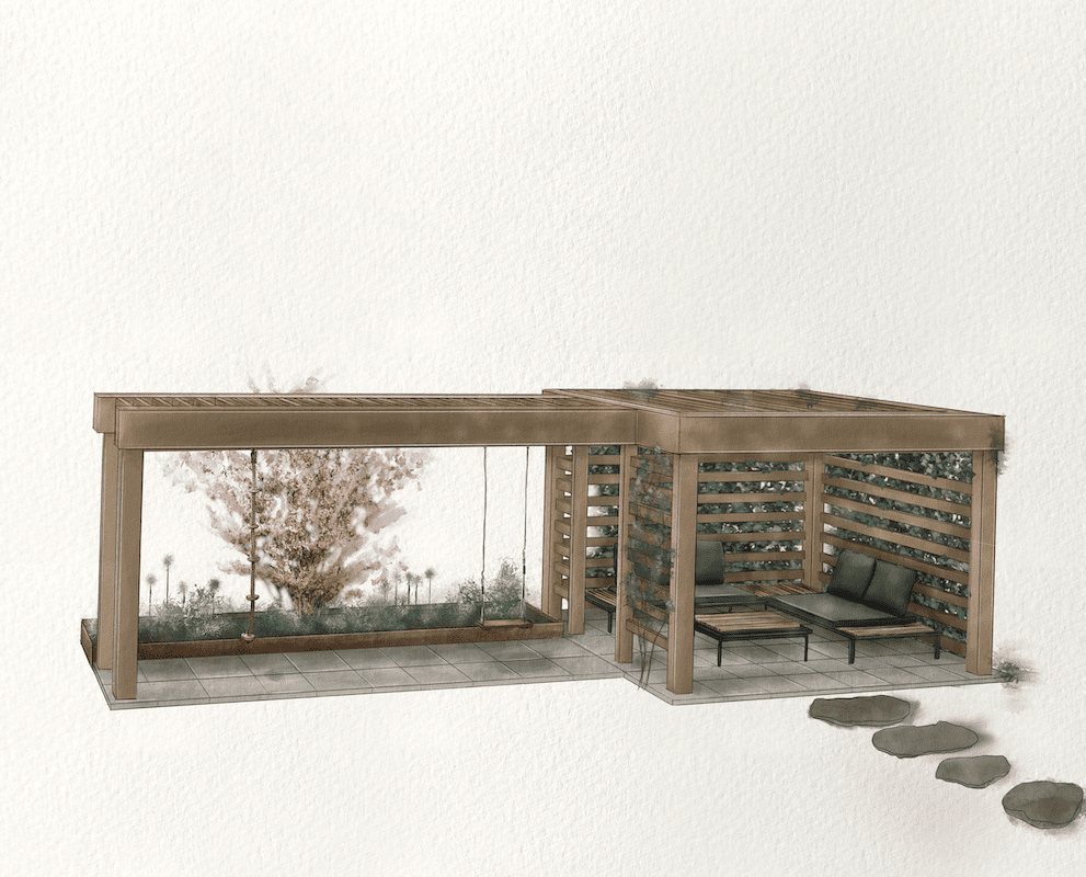 Illustration över en pergolagång och pergola med gunga och klätterrep