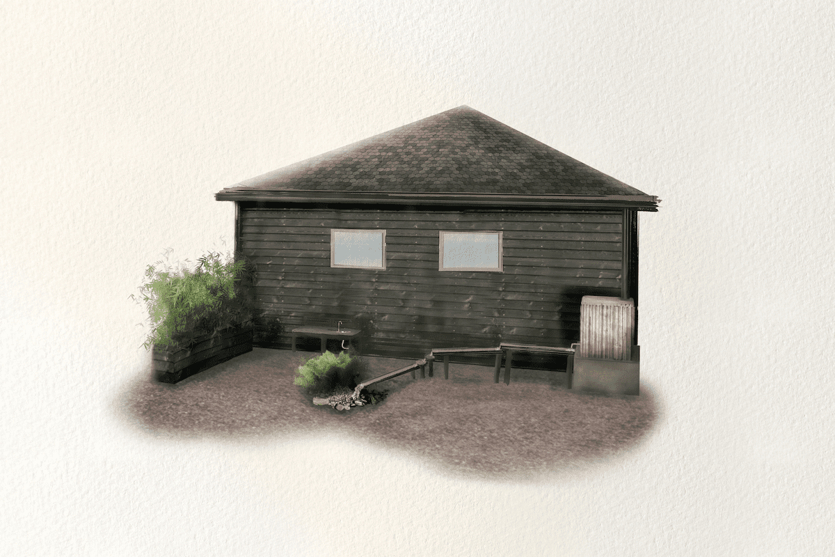 Illustration av regnvattenuppsamling och vattenlek i en trädgård för barn