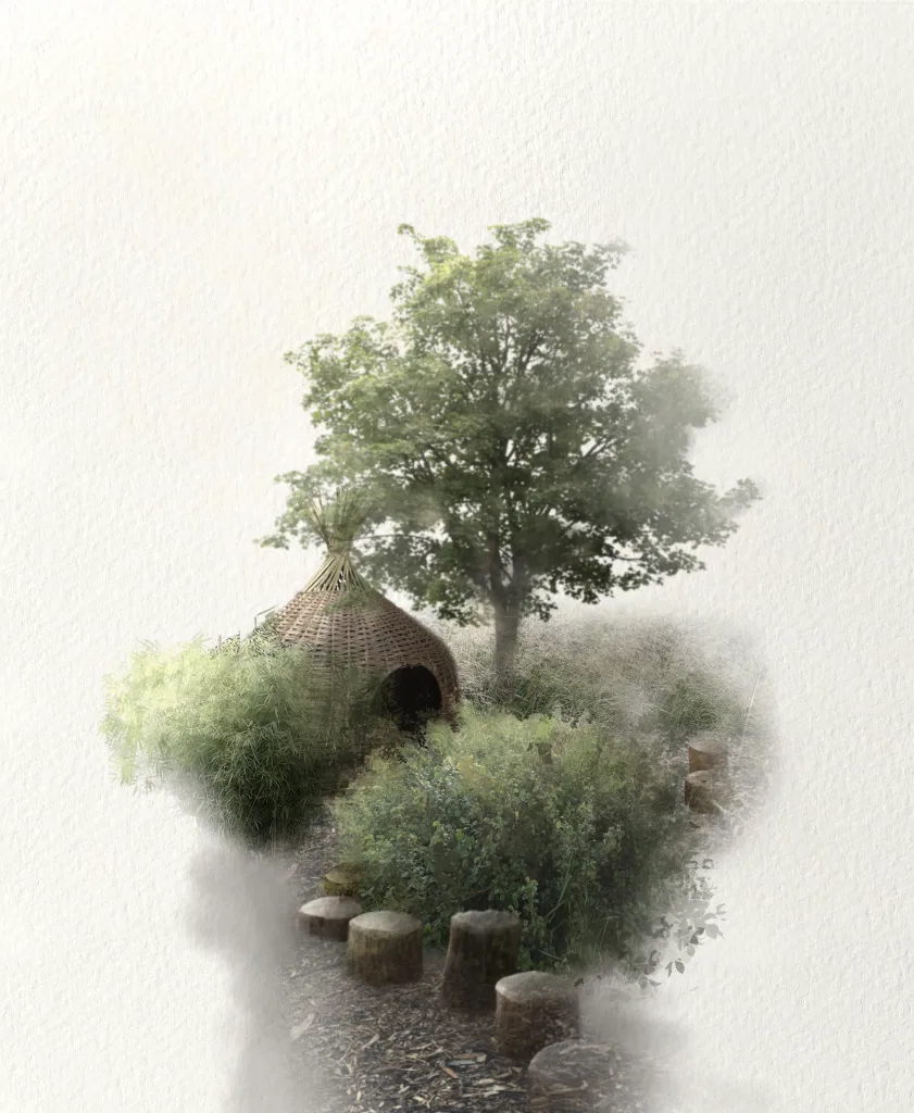 Illustrationsskiss över en koja i skogen med stubbar att hoppa på