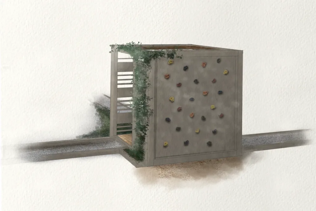 Illustration över en pergola med en klättervägg för barnen att leka på