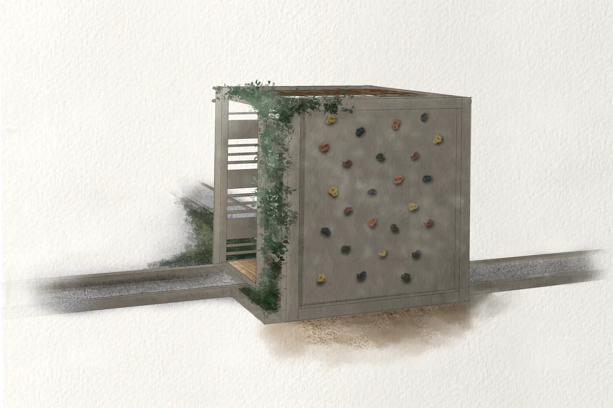 Pergola som lekplats — klättring, gunga och skugga