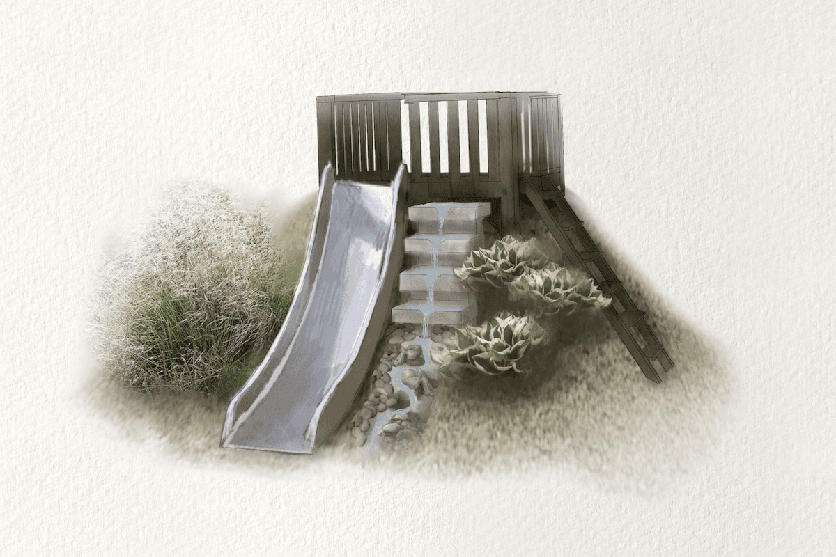 Illustration av en rutschkana i en slänt, med växter och en rolig vattenbana