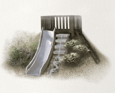 Illustration av en rutschkana i en slänt, med växter och en rolig vattenbana